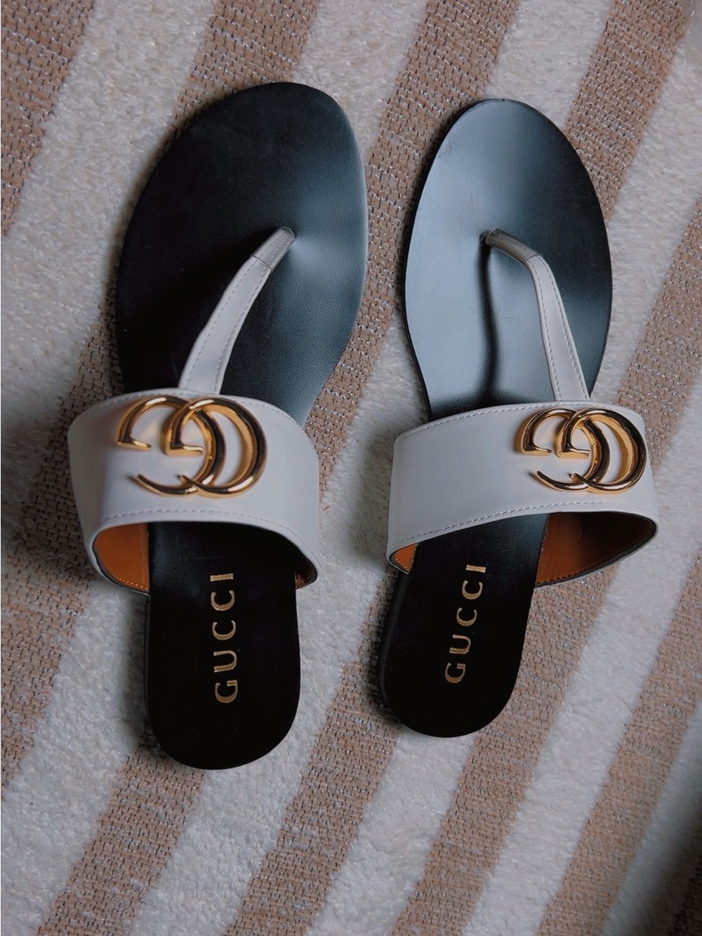 Gucci White Leather Double G Gold-Trim Slide Sandals